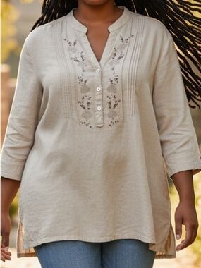 Bohemian Neutral Beige Linen-Blend Blouse- by Erika Size 3X